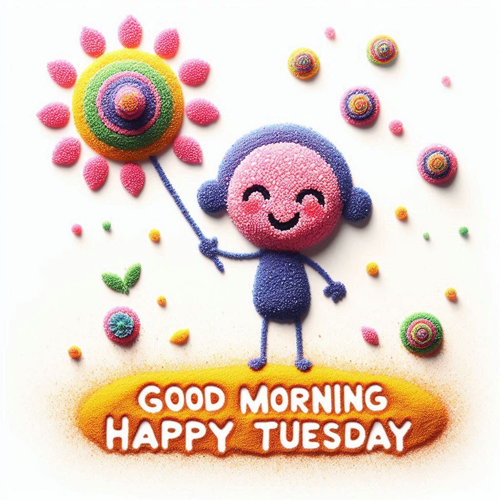 30+ Good Morning Happy Tuesday Images for Free Download 16 Cute stick figure made of colorful sand holding a flower, surrounded by swirls, with “Good Morning Happy Tuesday” text