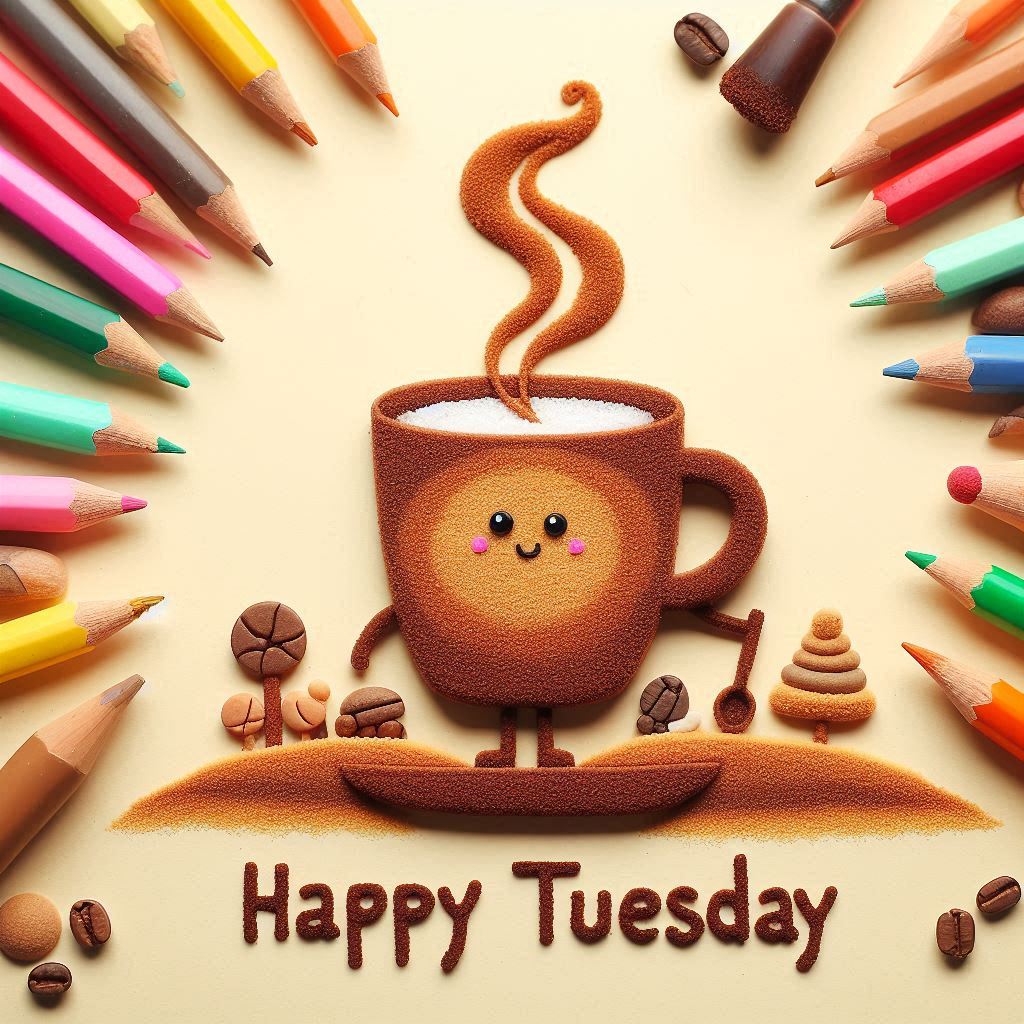 30+ Good Morning Happy Tuesday Images for Free Download 19 Smiling cartoon coffee cup with steam, surrounded by colorful pencils and coffee beans, with “Happy Tuesday” written below.