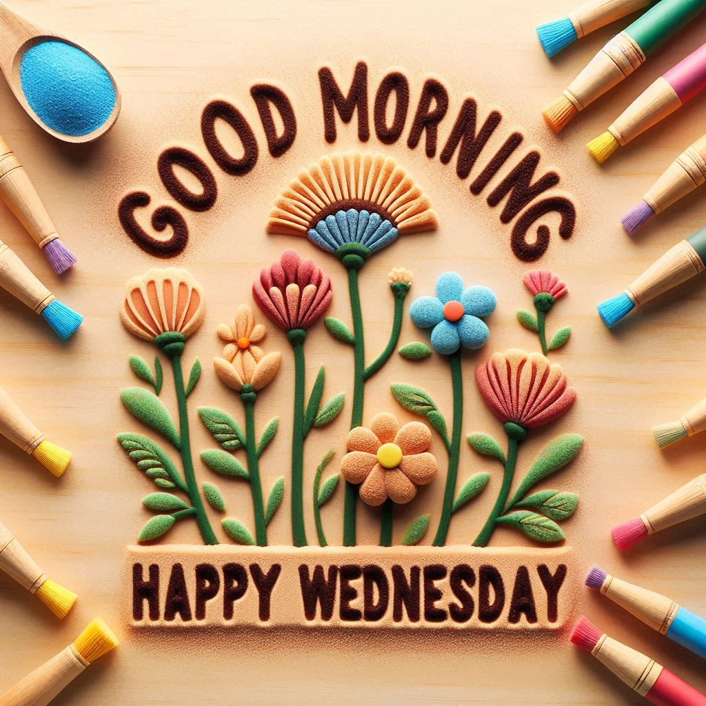 30+ Good Wednesday Morning Blessings Images for Free Download 3 Colorful sand art with flowers, paintbrushes, and “Good Morning Happy Wednesday” message on a wooden surface, vibrant and cheerful