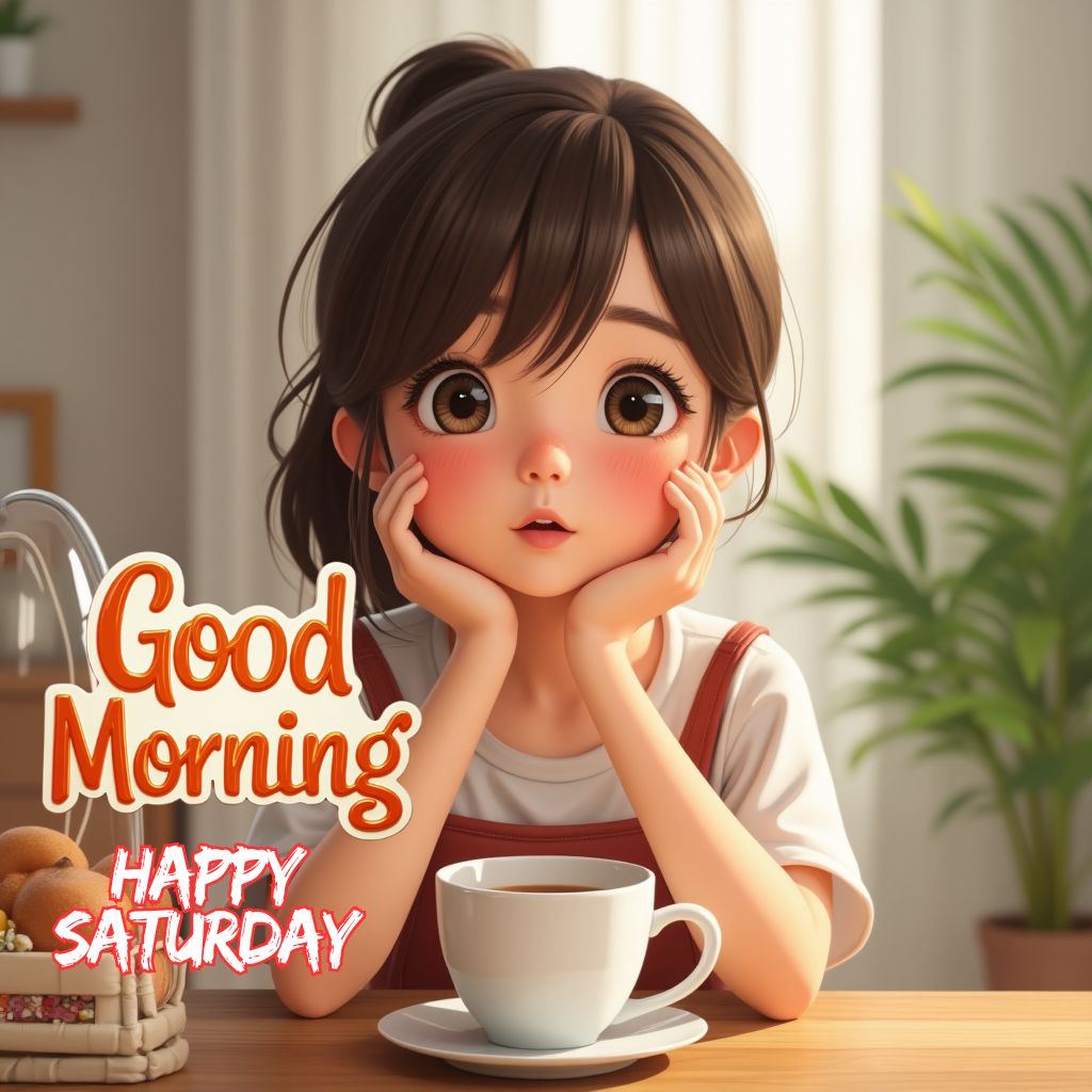 Free happy saturday Good Morning images with animated cartoon girl for your loved ones