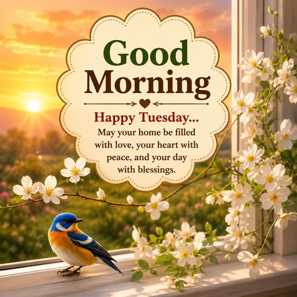 a bluebird on a windowsill good morning with flowers