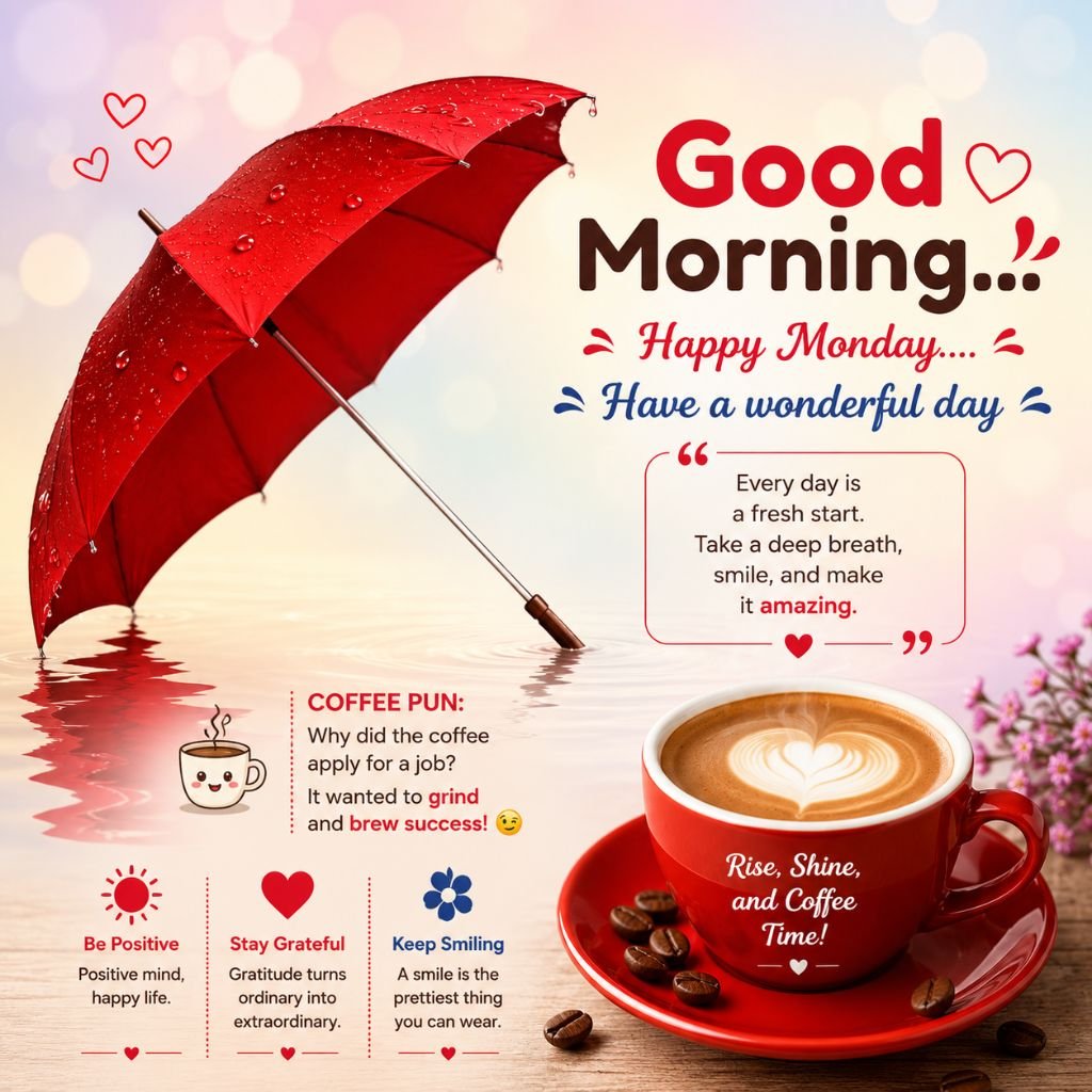 a red umbrella good morning coffee cute