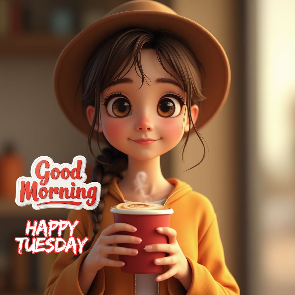 beautiful good morning cartoon girl with coffee and happy tuesday images