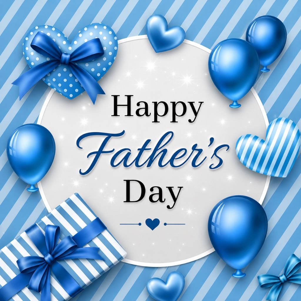 blue happy father’s day greeting image with balloons and gift box