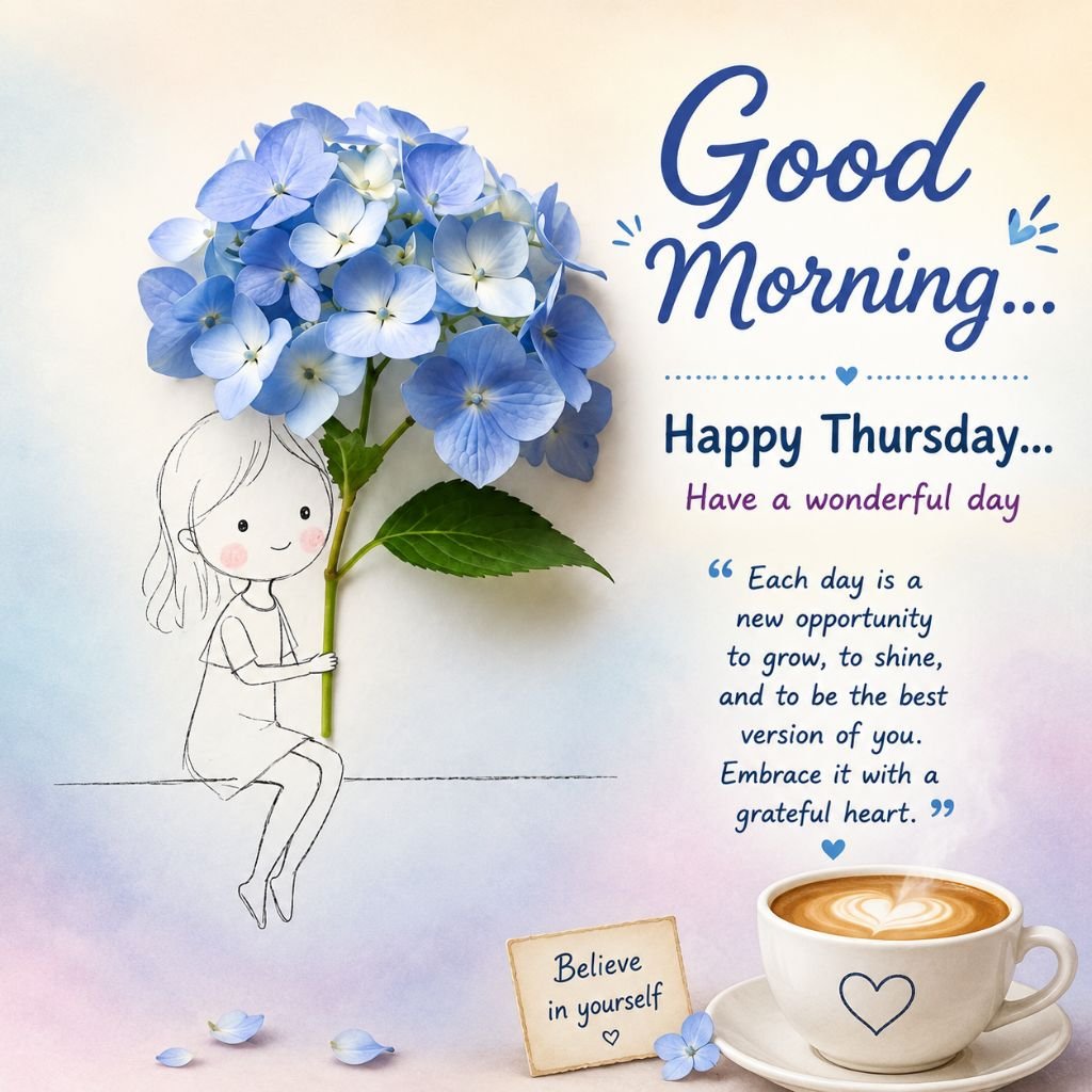 blue hydrangea flowers good morning with coffee images