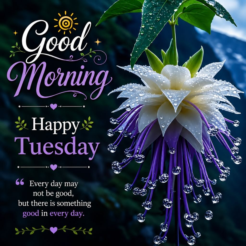 elegant white and purple flower Tuesday greeting