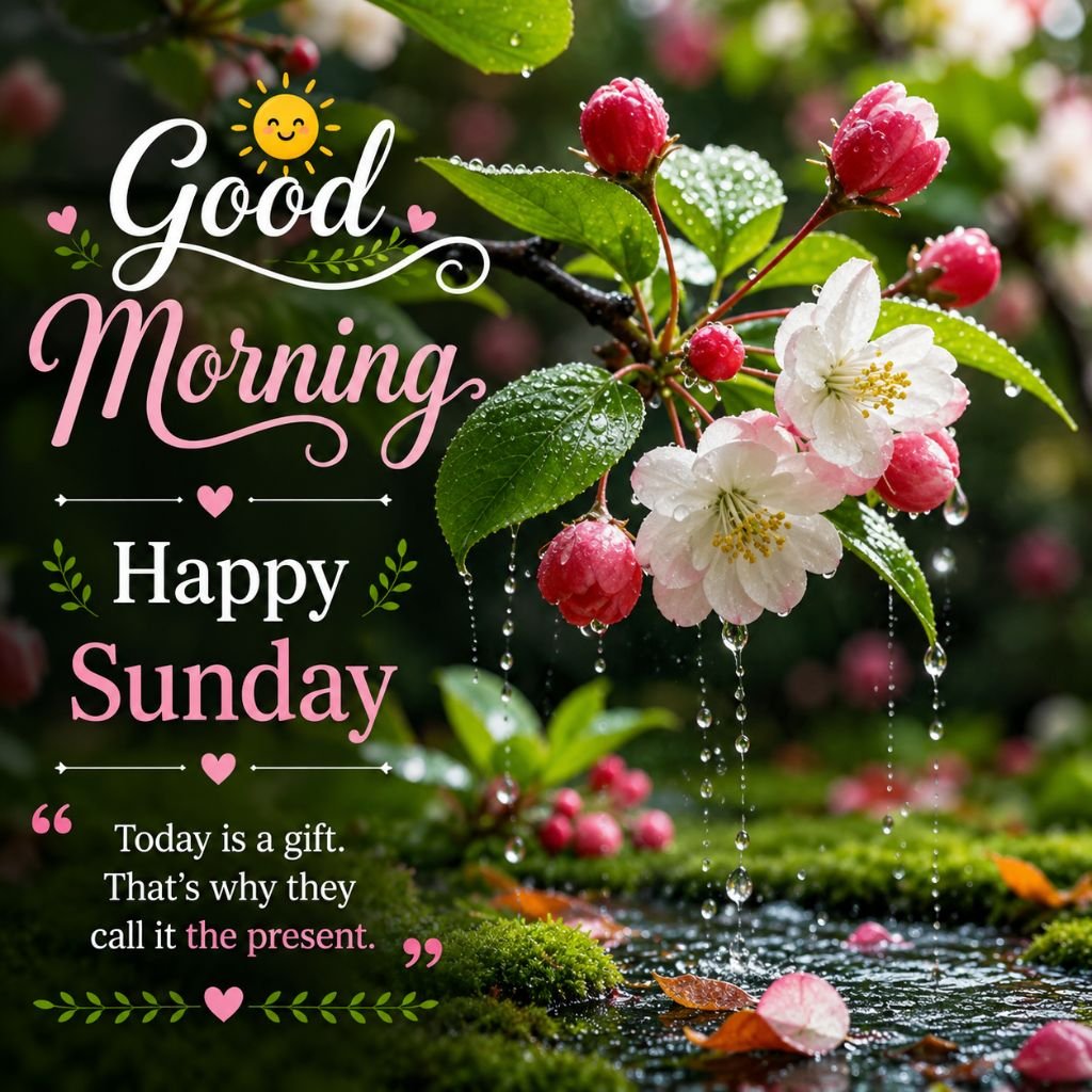 good morning happy Sunday nature flowers image with inspirational quote