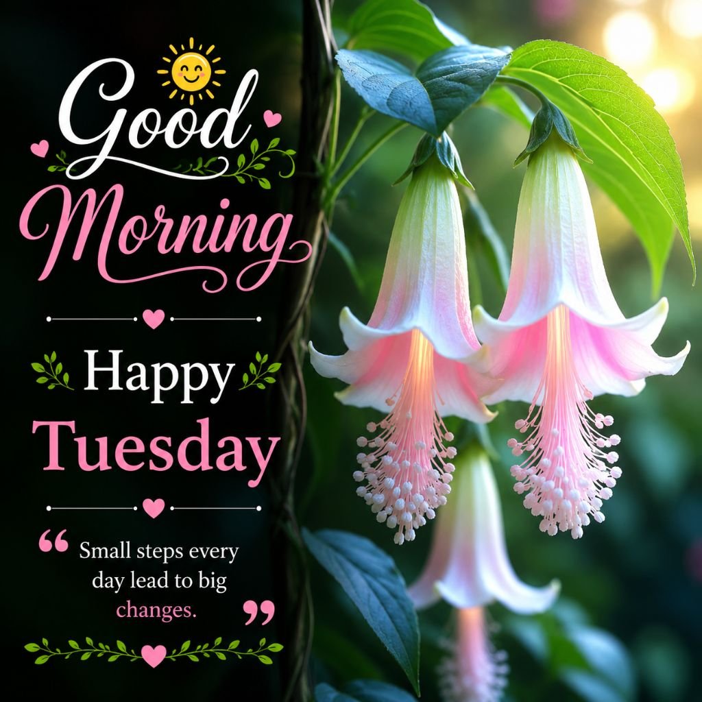 good morning happy Tuesday pink bell flower greeting image