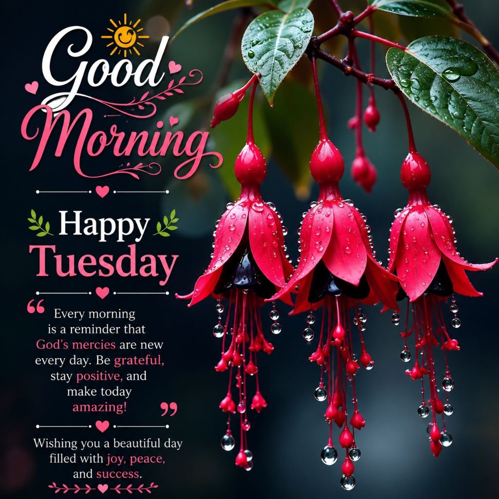 good morning happy Tuesday red fuchsia flower inspirational image
