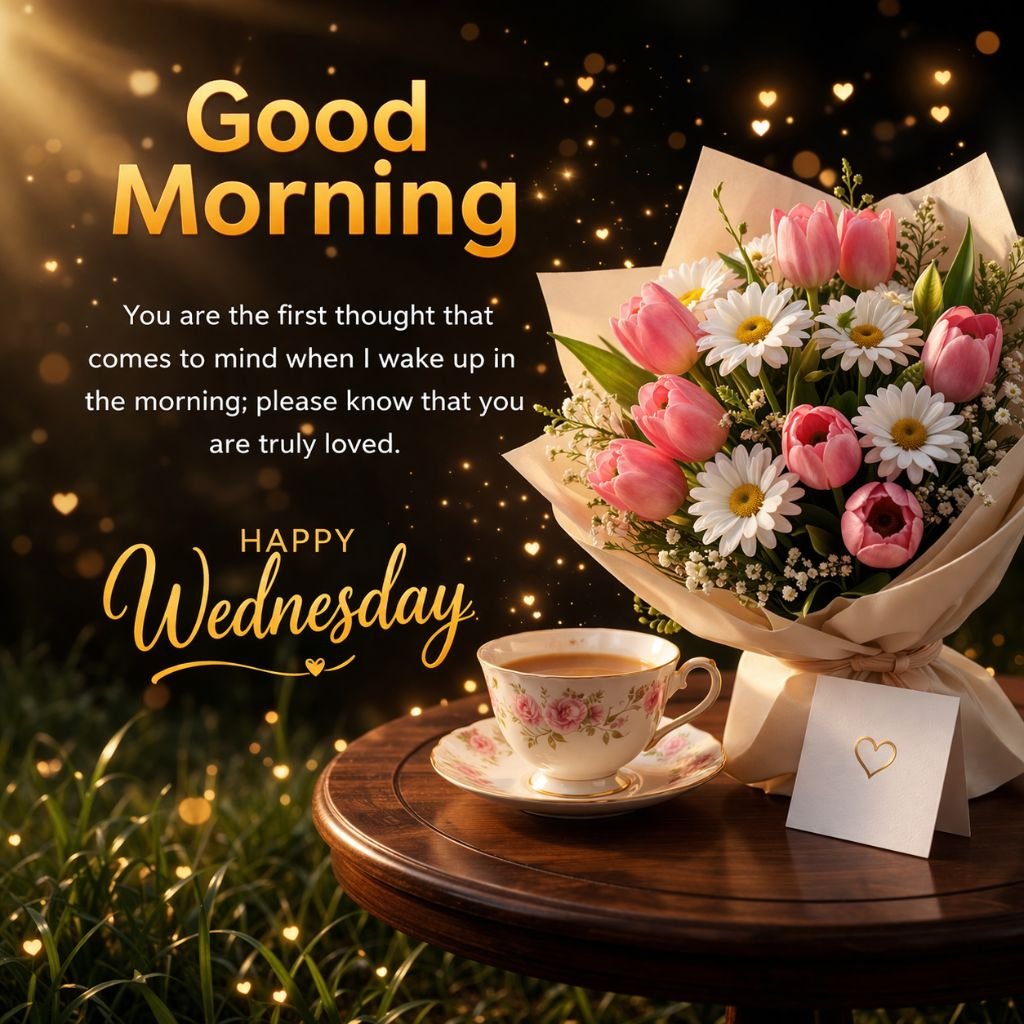 good morning happy wednesday wishes with flowers and coffee