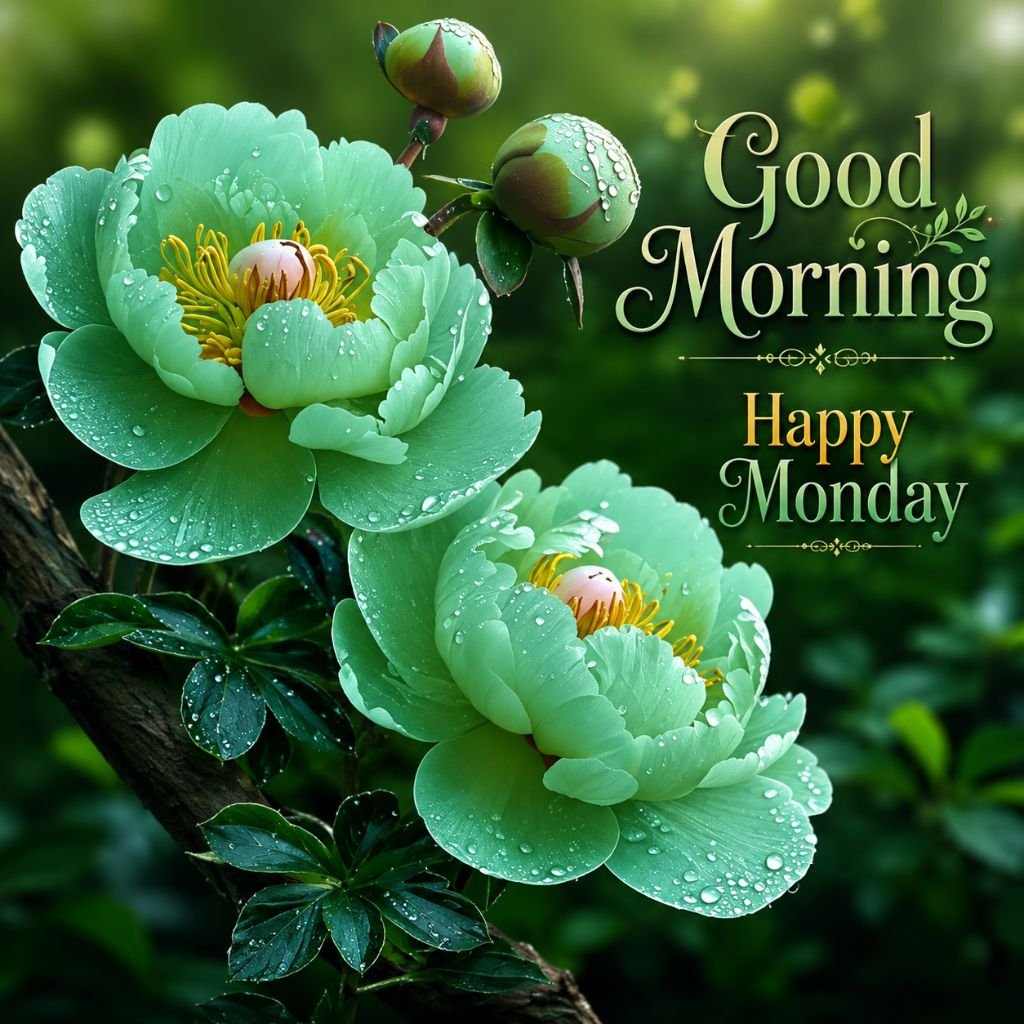 green peony flower Monday greeting