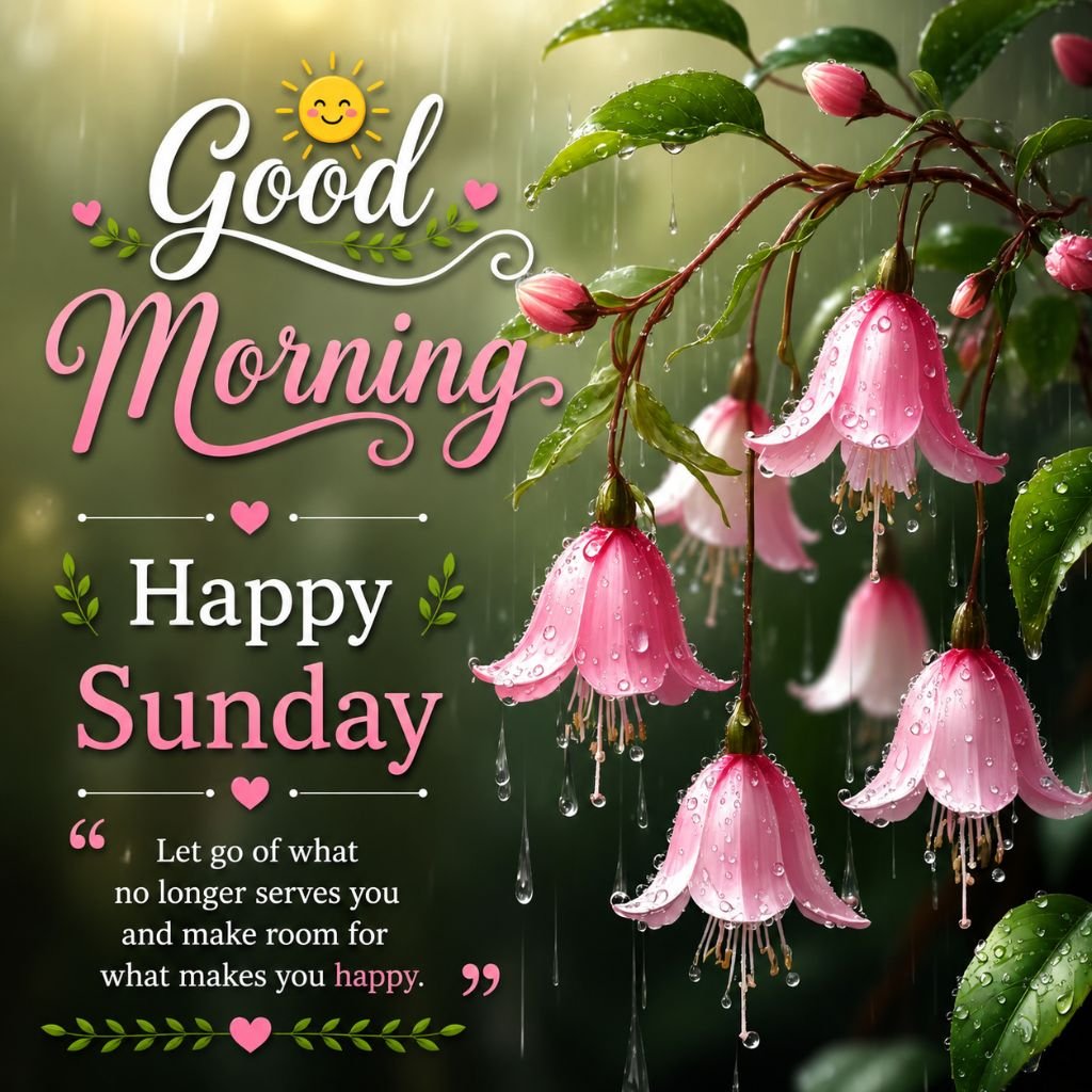 happy Sunday good morning nature greeting image with pink bell flowers in rain
