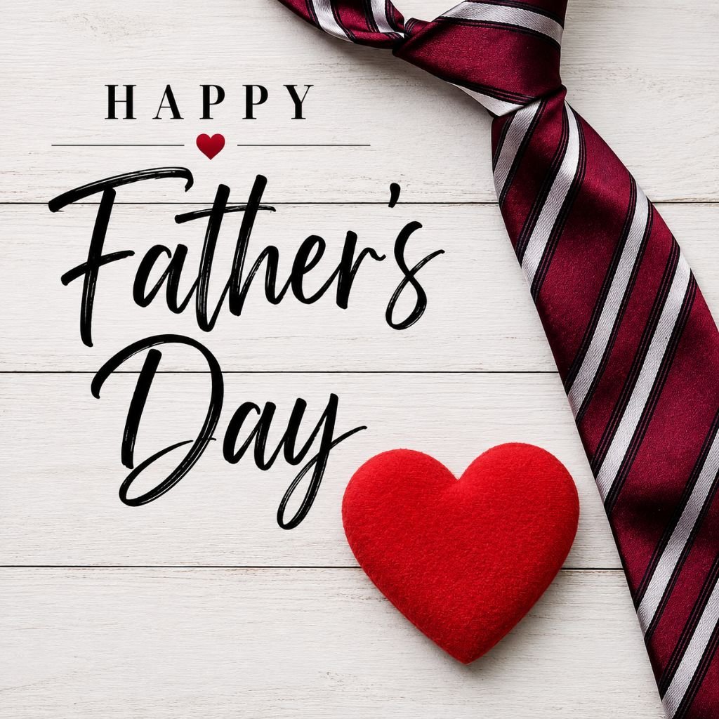 happy father’s day image with red tie and heart on wooden background