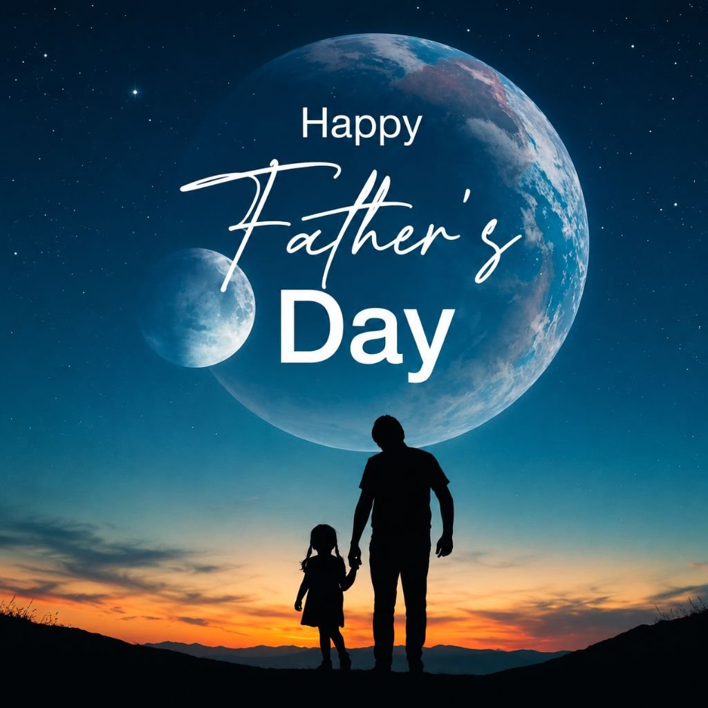 happy father’s day night sky image with father and daughter silhouette