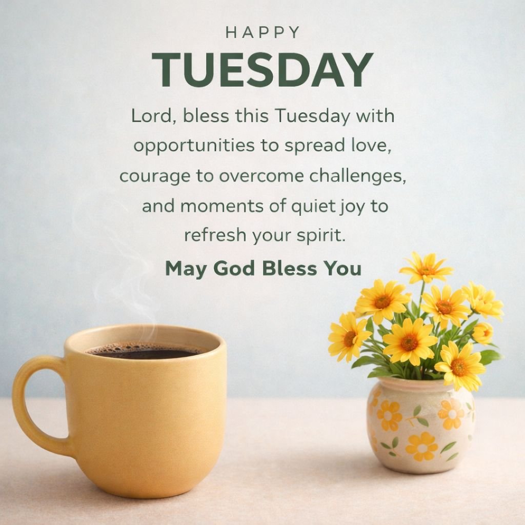 happy tuesday blessings image with coffee and yellow flowers