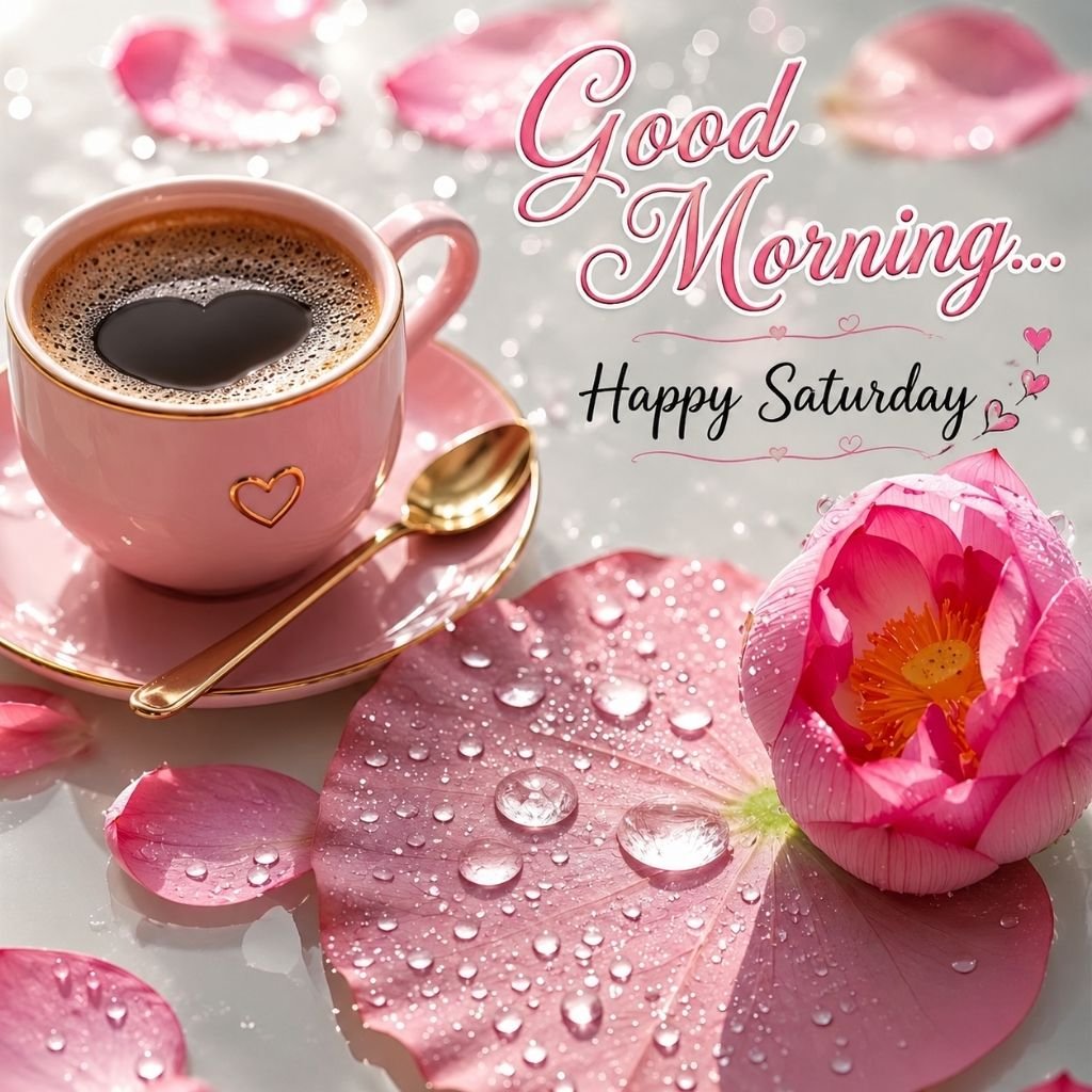 pink coffee cup Saturday greeting