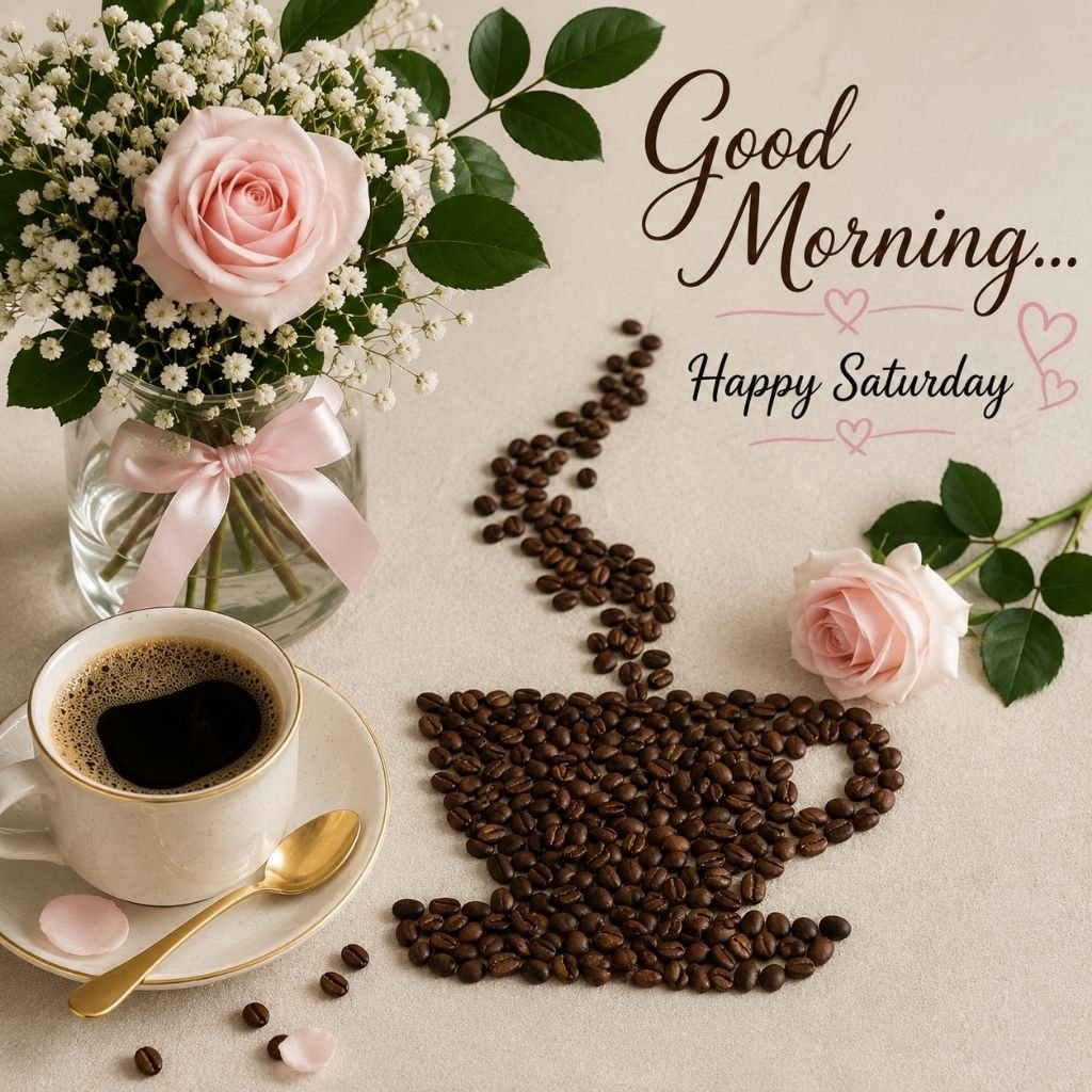 rose and coffee bean art Saturday greeting