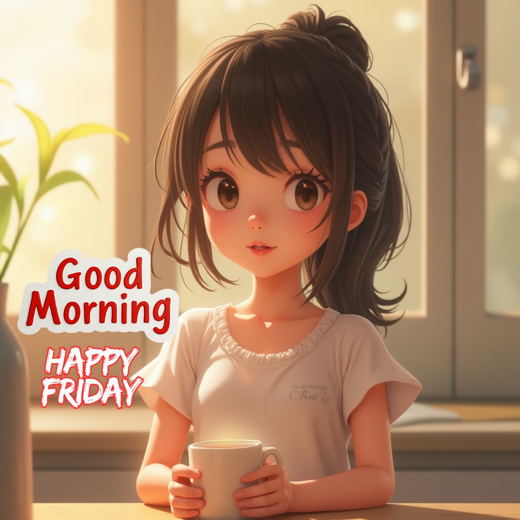 sweet cute good morning girl with coffee and happy friday imges