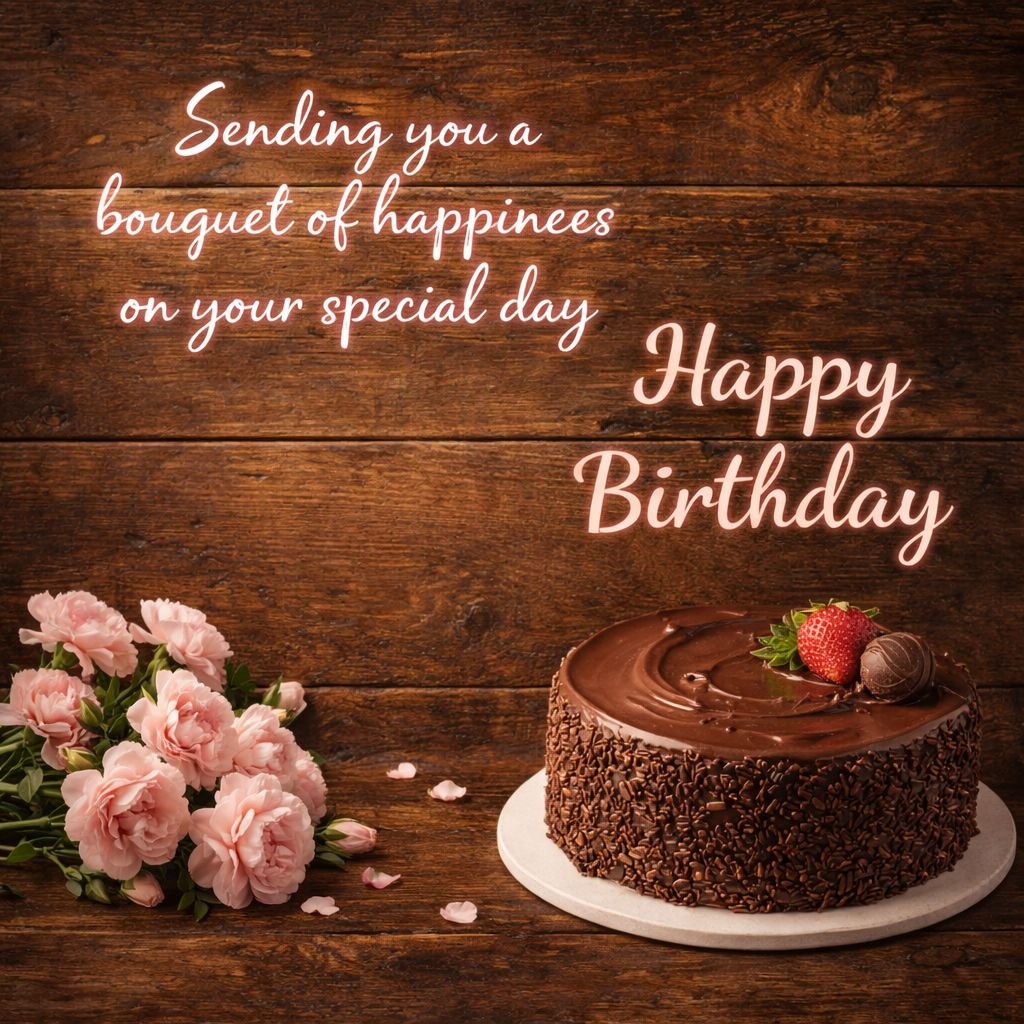 happy birthday card with chocolate cake flowers and rustic wooden background