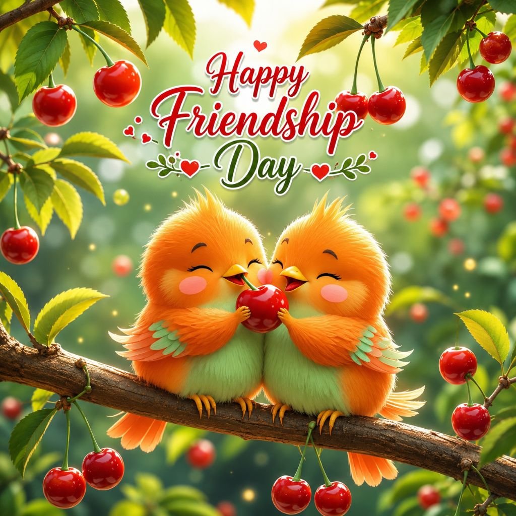 adorable cherry friendship day greeting with birds