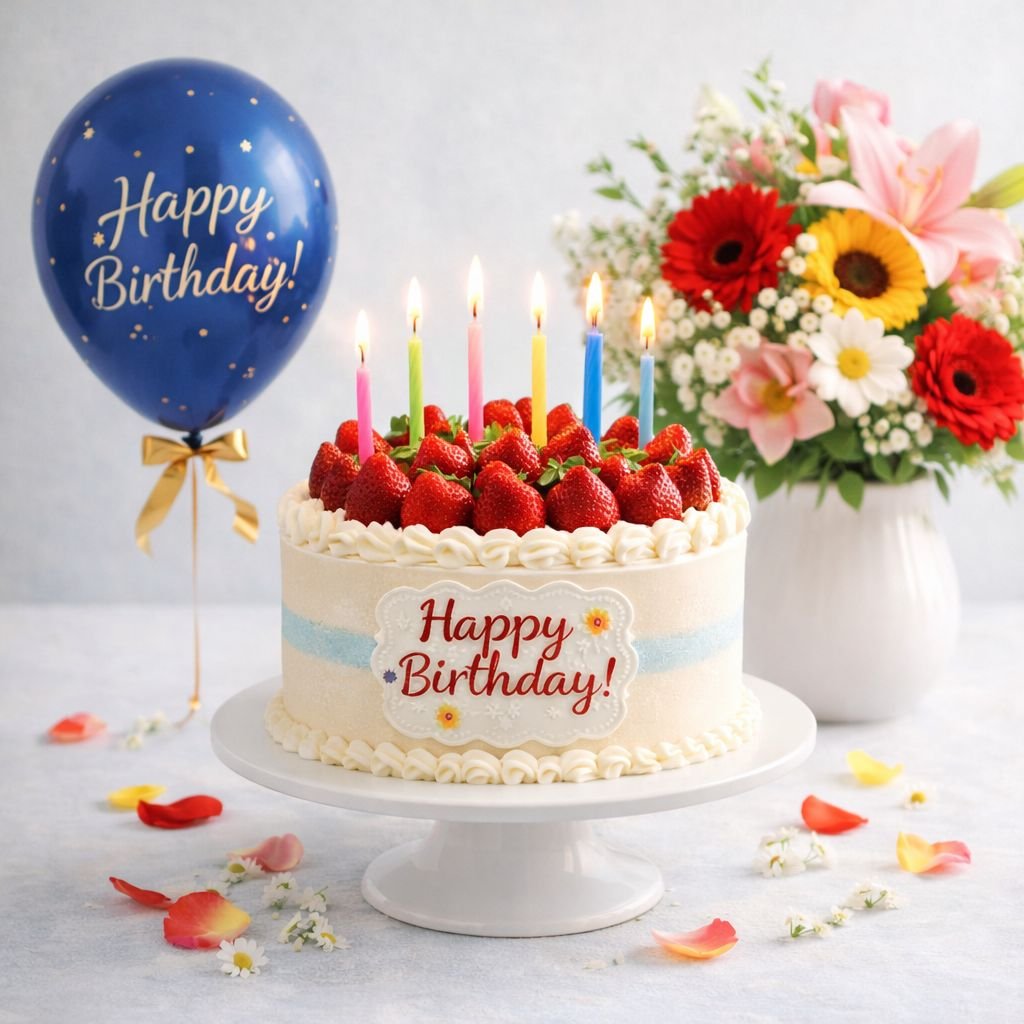 beautiful strawberry birthday cake with candles balloon and floral background
