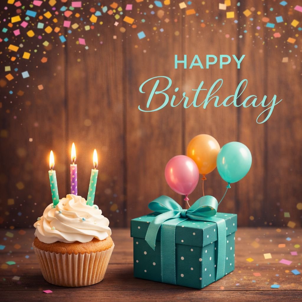 colorful happy birthday card with cupcake balloons gift box and confetti