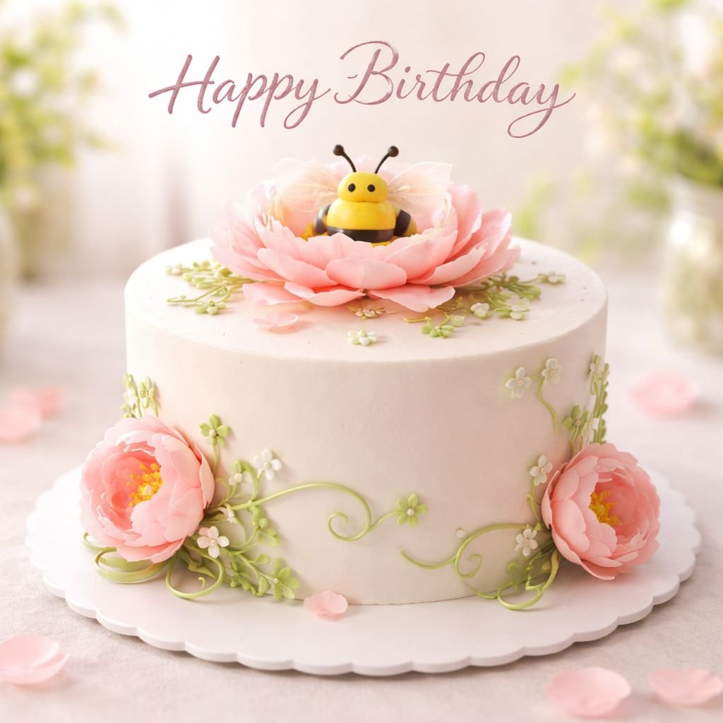 cute floral birthday cake with bee topper