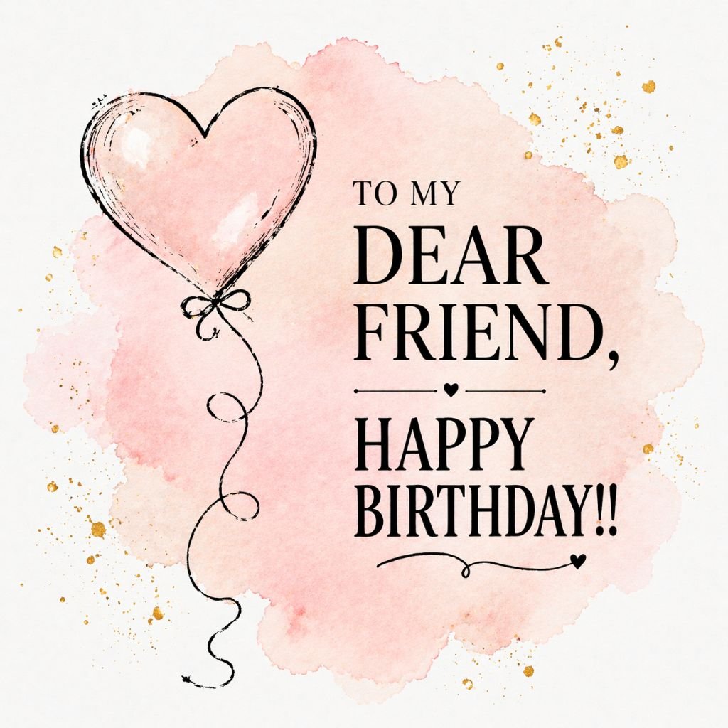 cute happy birthday card for dear friend with heart balloon