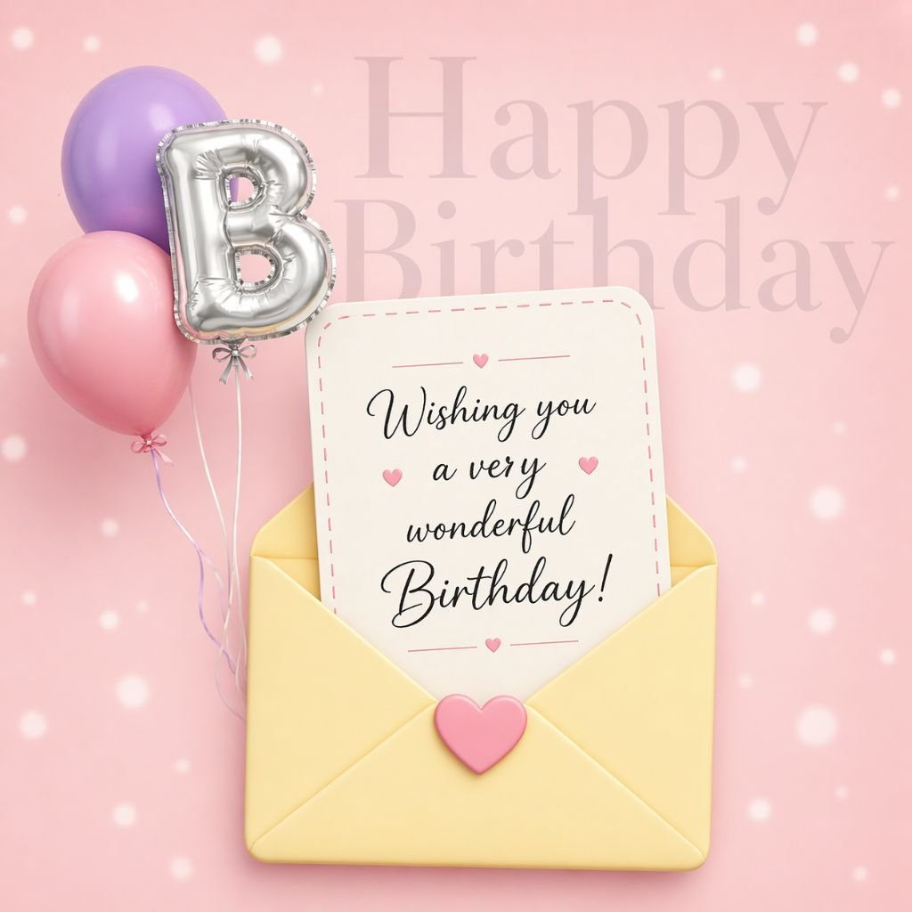 cute pink happy birthday card with balloons envelope and pastel theme