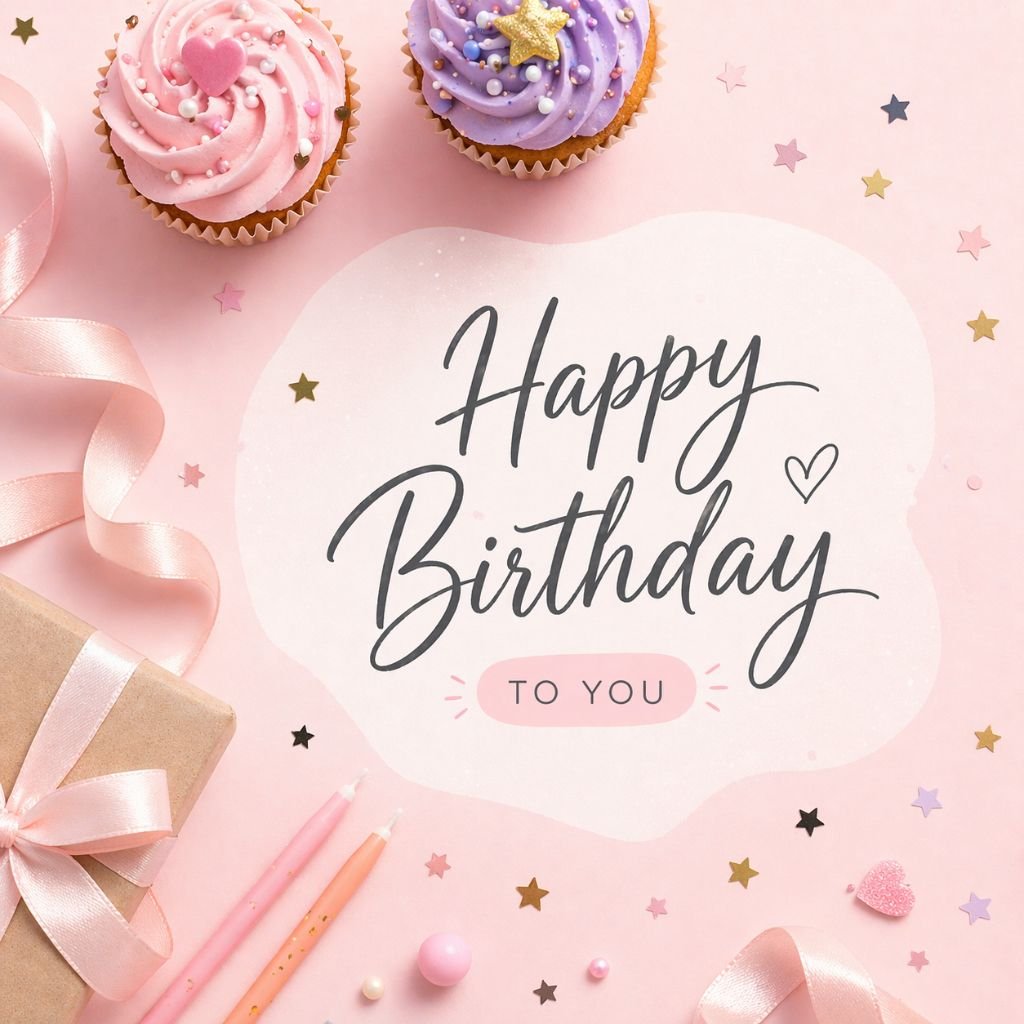 cute pink happy birthday card with cupcakes