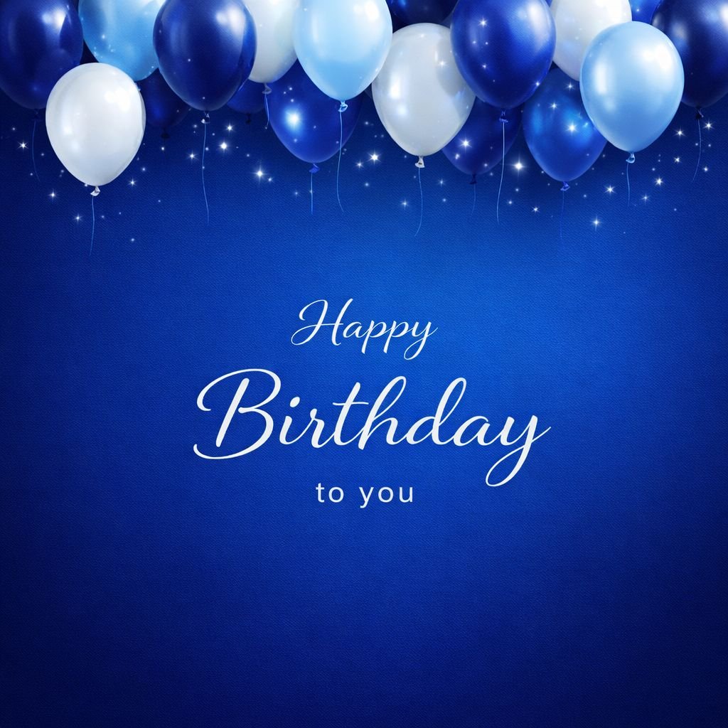 elegant blue happy birthday card with balloons and sparkling lights