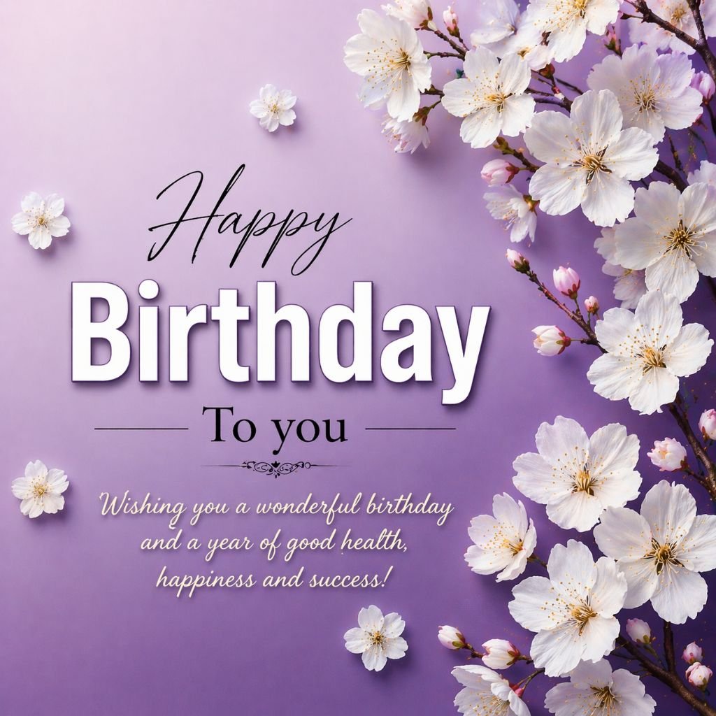 elegant floral happy birthday card with cherry blossoms on purple background