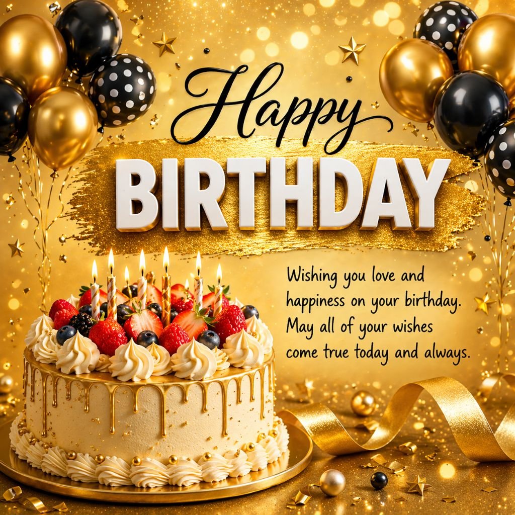 elegant golden happy birthday card with Cake balloons and glitter background