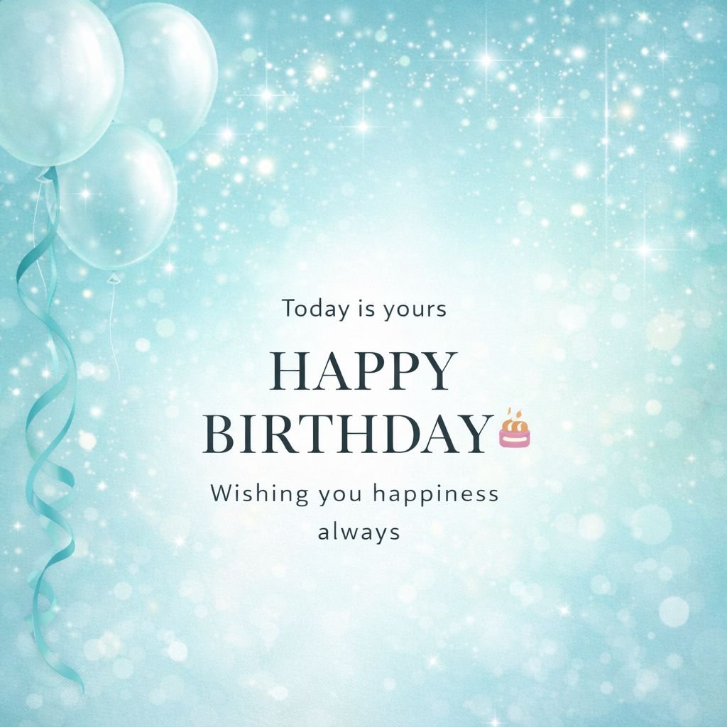 elegant happy birthday card with blue balloons and sparkling background