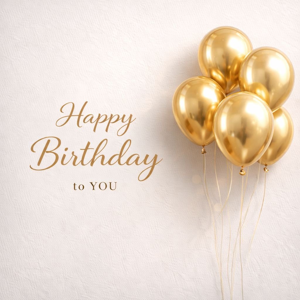 elegant happy birthday card with gold balloons and luxury minimal design