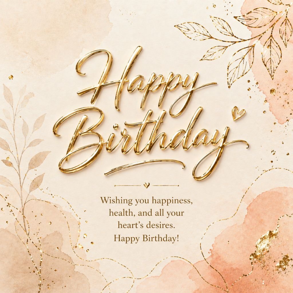 elegant happy birthday card with gold calligraphy