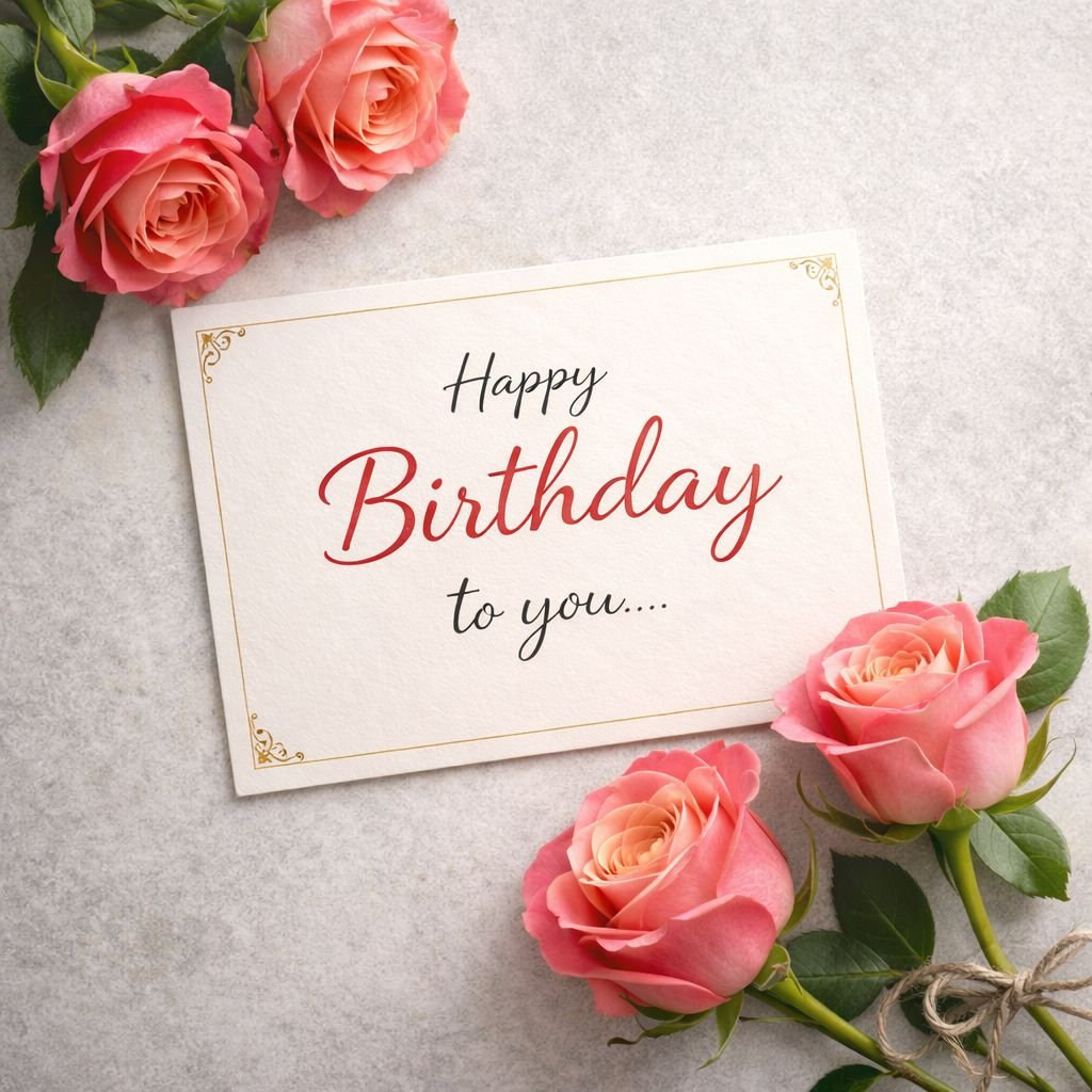 elegant happy birthday card with pink roses and minimalist design