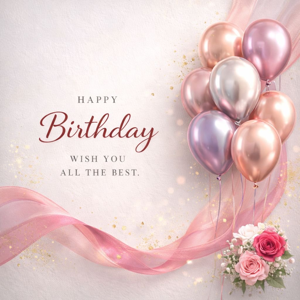 elegant happy birthday card with rose gold balloons and pink ribbon design