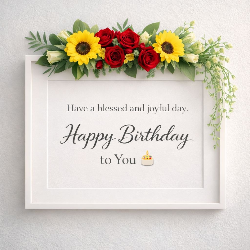 elegant happy birthday card with roses and sunflowers floral frame