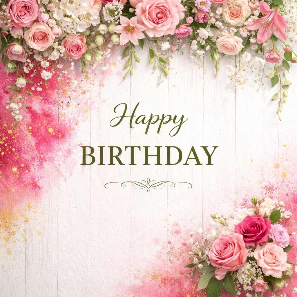 elegant happy birthday floral card with pink roses and rustic wooden background