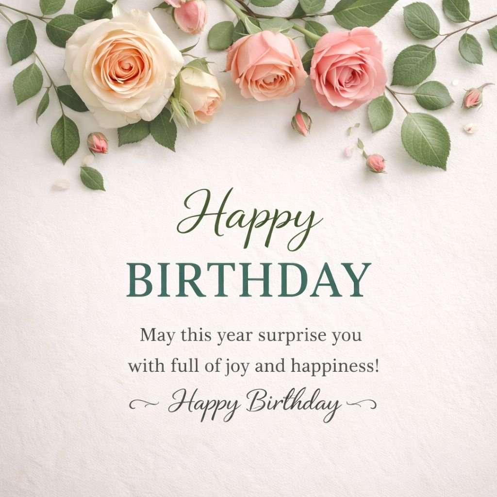 elegant happy birthday floral card with soft roses and green typography