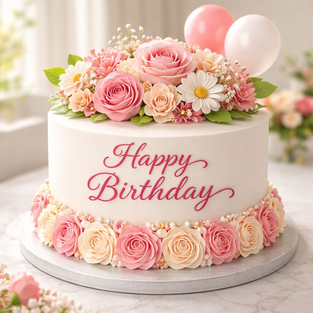 elegant pink floral happy birthday cake with roses