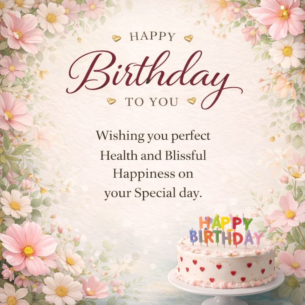 floral happy birthday card with cake and elegant wishes message
