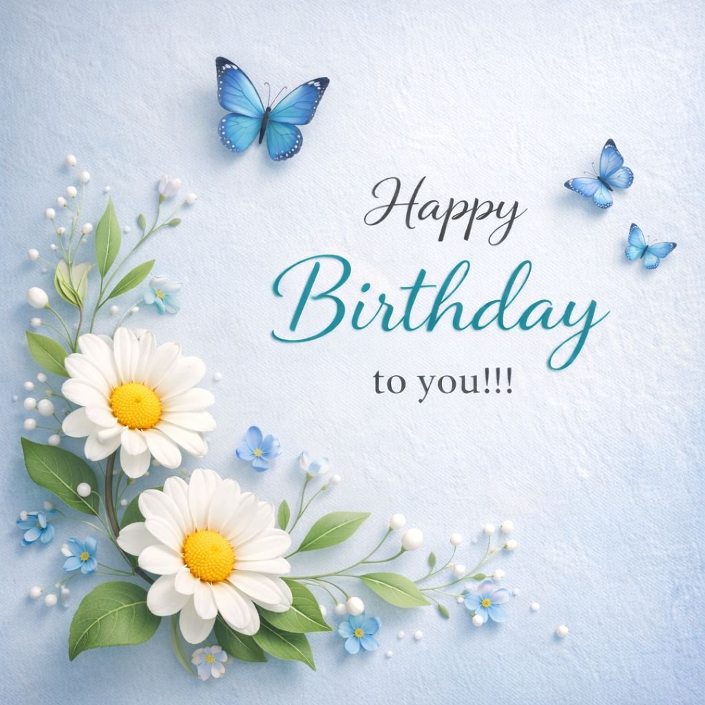 happy birthday card with daisies and blue butterflies on soft pastel background