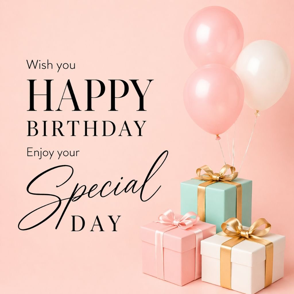 happy birthday card with pastel balloons and gift boxes