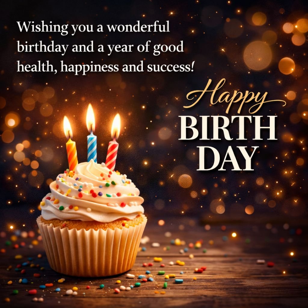 happy birthday cupcake with candles and sparkling lights background