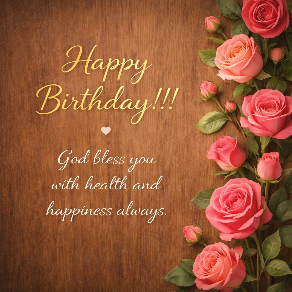 happy birthday floral card with roses on wooden background and blessing message