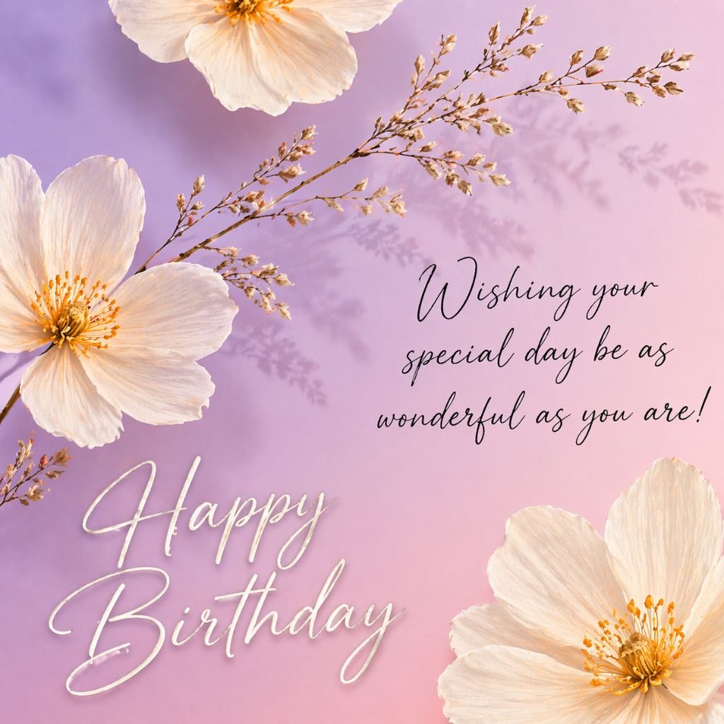 happy birthday floral card with soft pastel background and blooming flowers