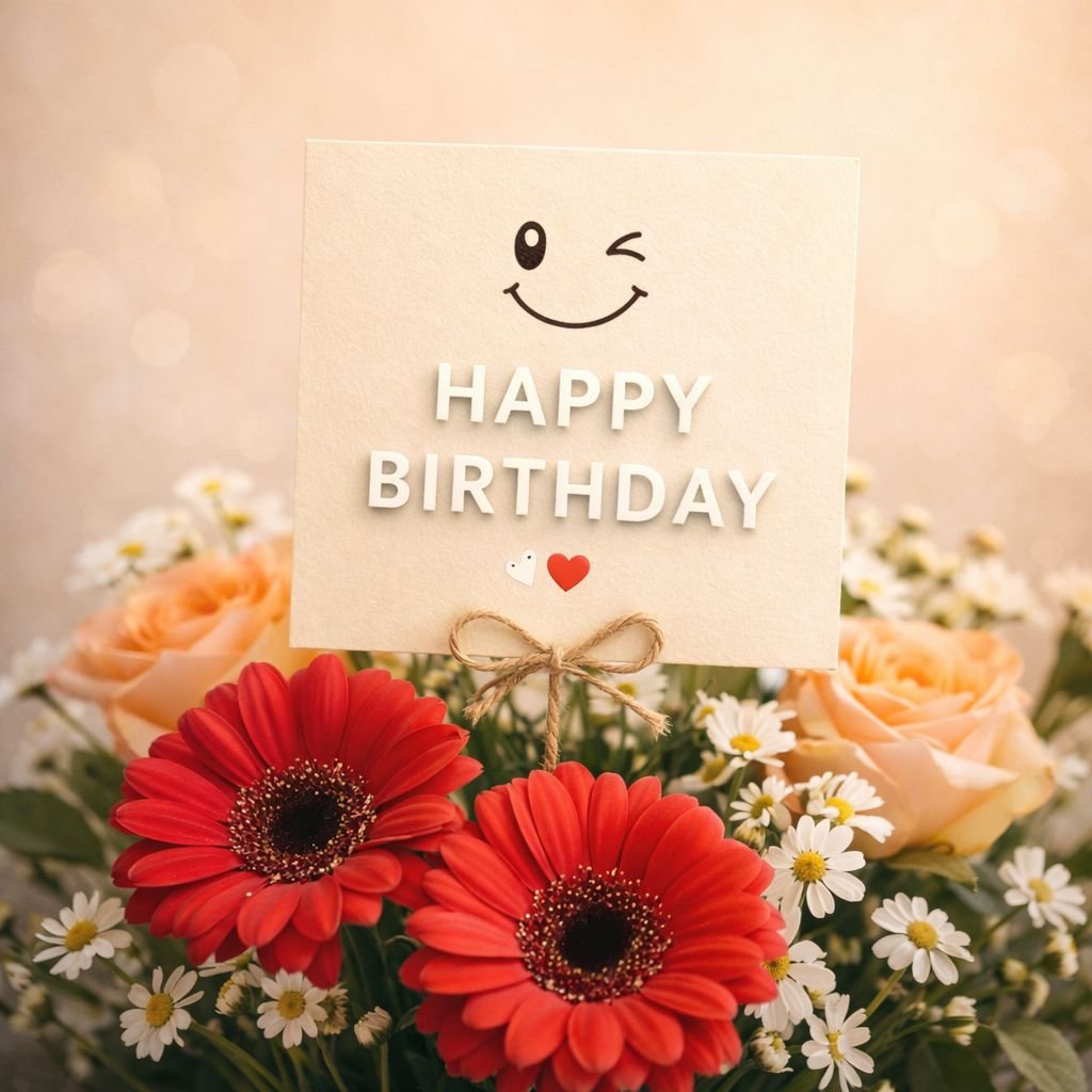 happy birthday floral greeting card with smiley face and red gerbera flowers