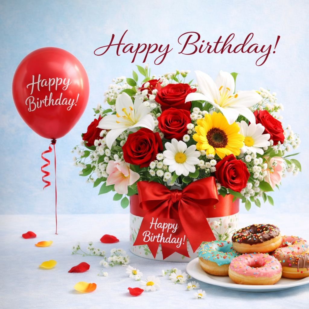 happy birthday flower bouquet with balloon and donuts